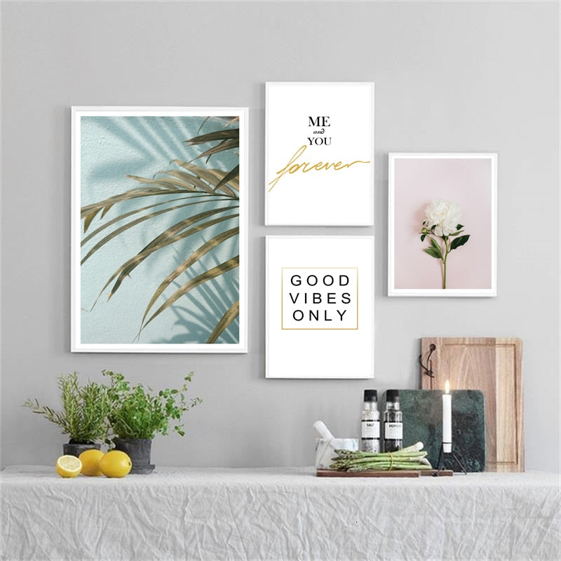 Modern Pink Floral Green Leaves Words - Canvas Wall Art Painting | Bowlift