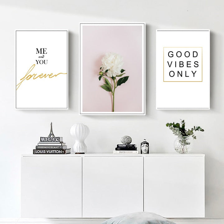 Modern Pink Floral Green Leaves Words - Canvas Wall Art Painting | Bowlift