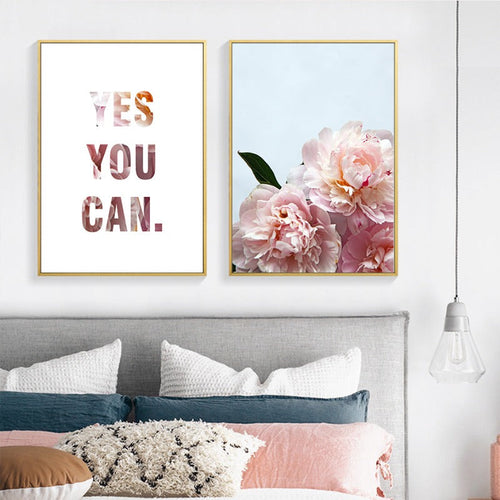 Pink Peony Floral Yes You Can Quotes  - Canvas Wall Art Painting | Bowlift