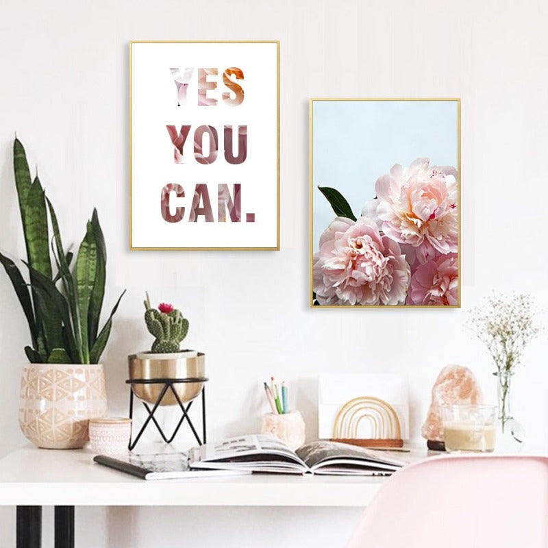 Pink Peony Floral Yes You Can Quotes  - Canvas Wall Art Painting | Bowlift