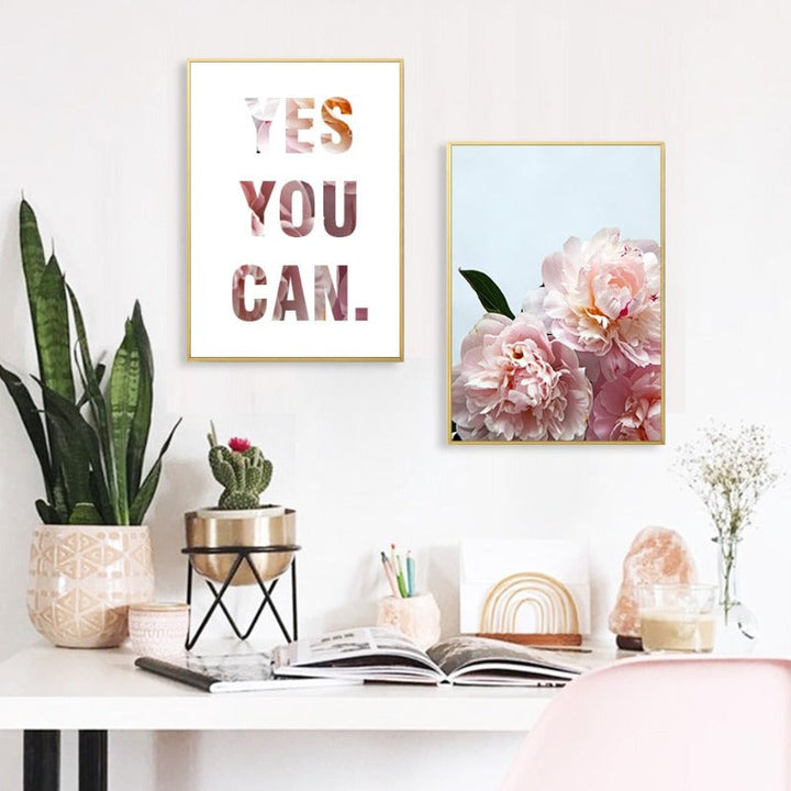 Pink Peony Floral Yes You Can Quotes  - Canvas Wall Art Painting | Bowlift