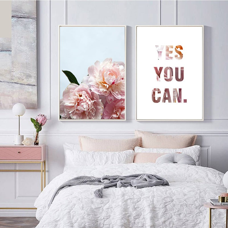 Pink Peony Floral Yes You Can Quotes  - Canvas Wall Art Painting | Bowlift