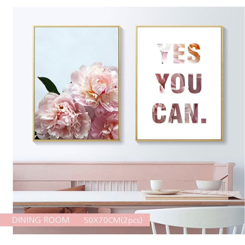 Pink Peony Floral Yes You Can Quotes  - Canvas Wall Art Painting | Bowlift