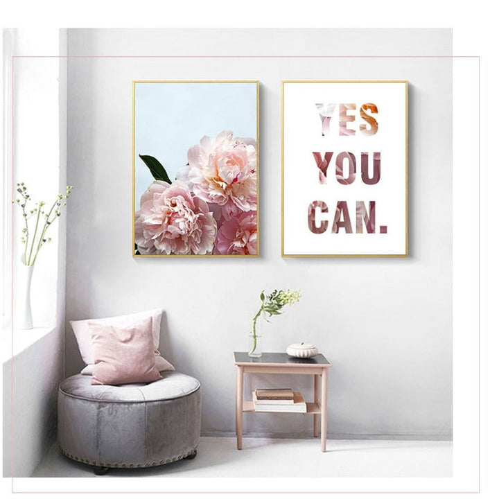 Pink Peony Floral Yes You Can Quotes  - Canvas Wall Art Painting | Bowlift