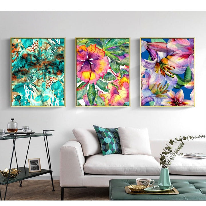 Blue Pink Floral - Canvas Wall Art Painting | Bowlift