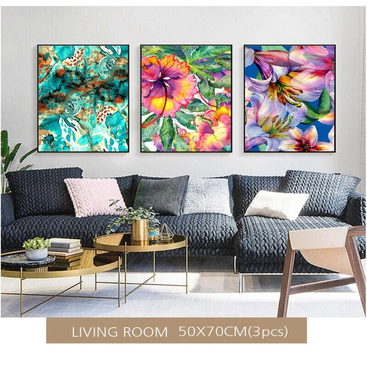 Blue Pink Floral - Canvas Wall Art Painting | Bowlift