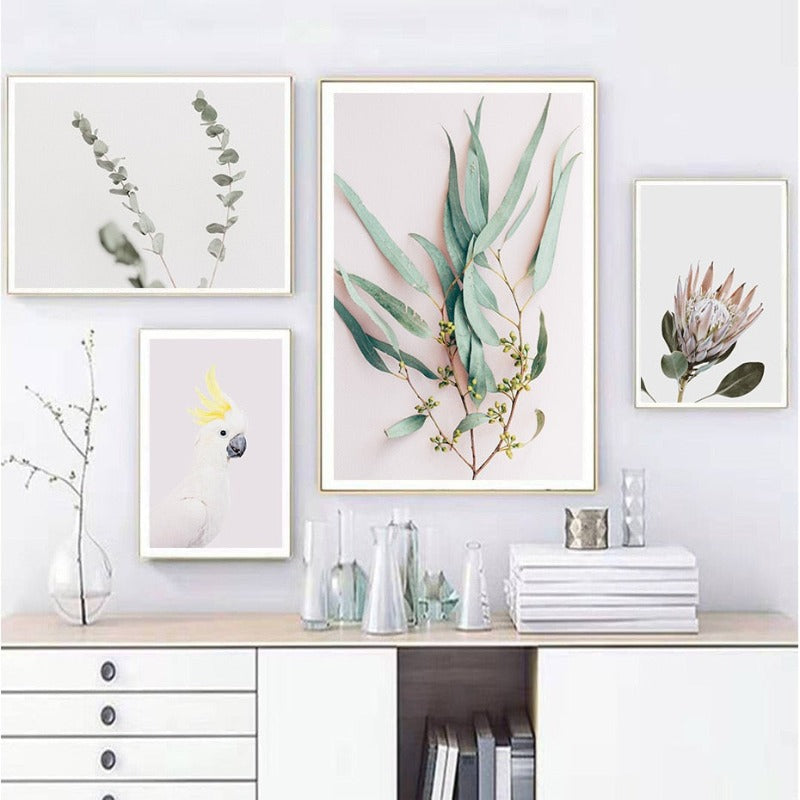 Modern Plants Leaves King Protea Flowers  - Canvas Wall Art Painting | Bowlift