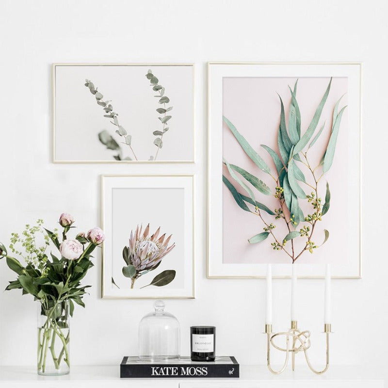 Modern Plants Leaves King Protea Flowers  - Canvas Wall Art Painting | Bowlift