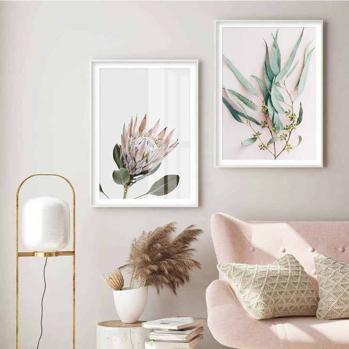 Modern Plants Leaves King Protea Flowers  - Canvas Wall Art Painting | Bowlift