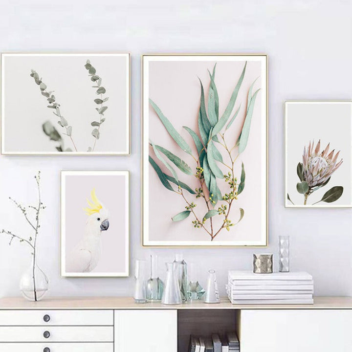Modern Plants Leaves King Protea Flowers  - Canvas Wall Art Painting | Bowlift