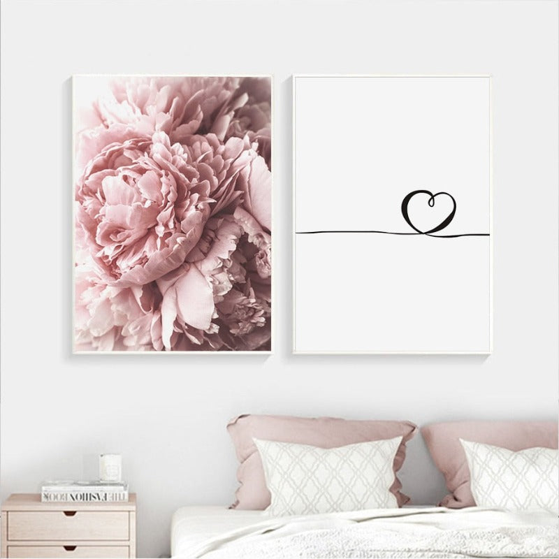 Modern Pink Peony Flower Minimalist Letter - Canvas Wall Art Painting | Bowlift