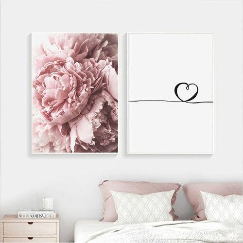 Modern Pink Peony Flower Minimalist Letter - Canvas Wall Art Painting | Bowlift