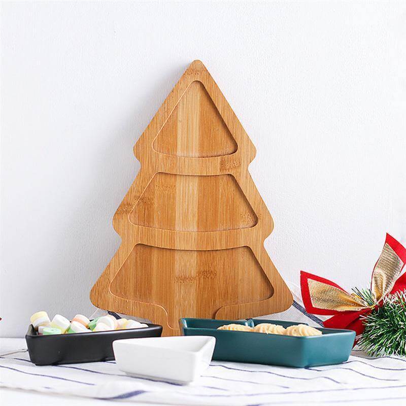 BowLift | Christmas Tree Ceramic Plates With Bamboo Base Stand
