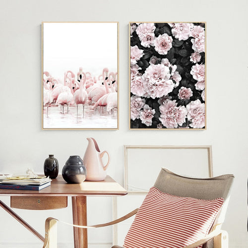 Modern Pink Floral Flamingo - Canvas Wall Art Painting | Bowlift