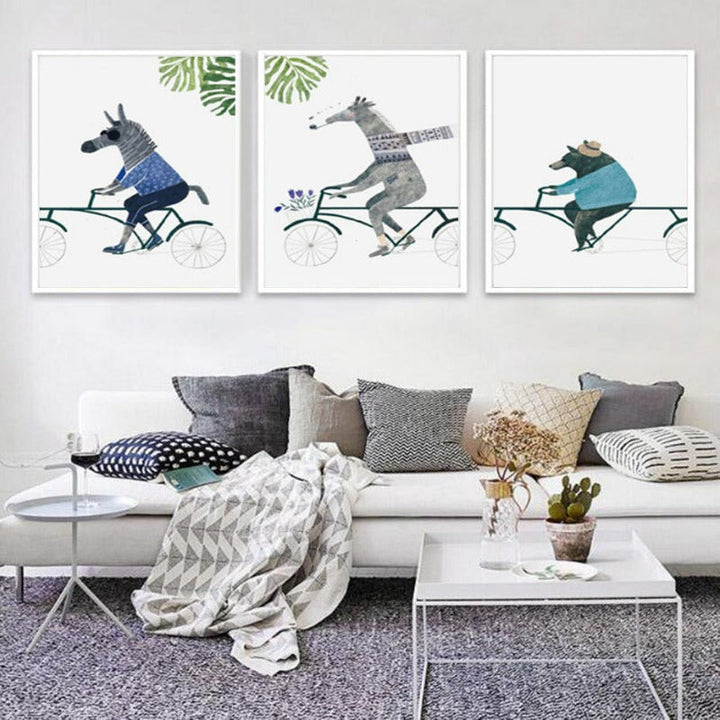Nordic Animals Bear Zebra Riding Bike - Canvas Wall Art Painting | Bowlift