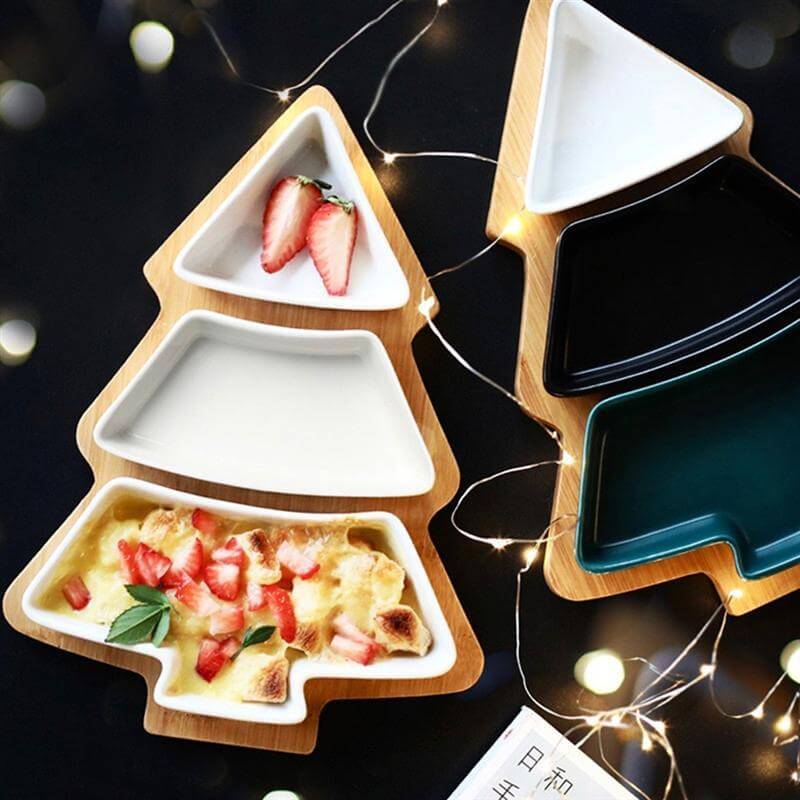 BowLift | Christmas Tree Ceramic Plates With Bamboo Base Stand