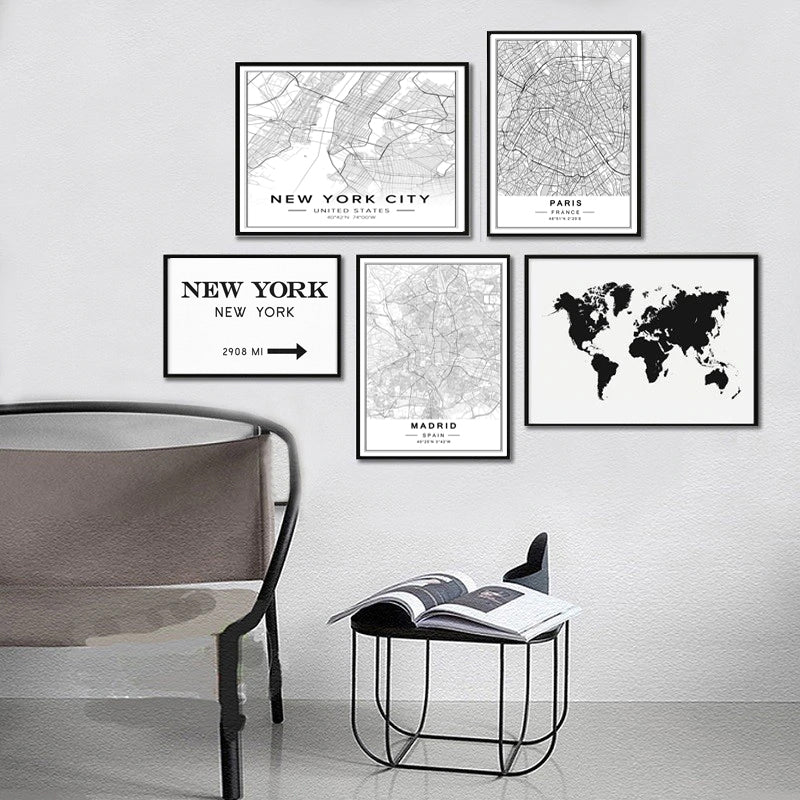 Nordic Minimalist World Famous City Map - Canvas Wall Art Painting | Bowlift