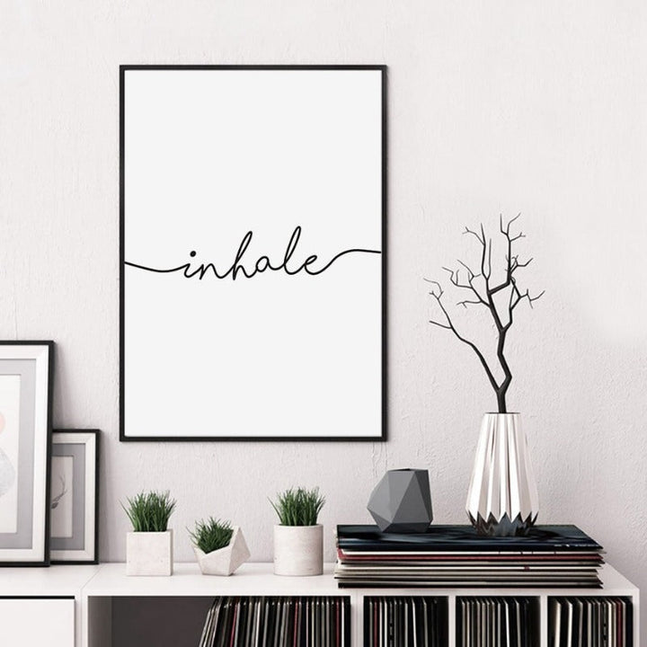 Minimalist Black White Exhale Inhale Letters - Canvas Wall Art Painting | Bowlift