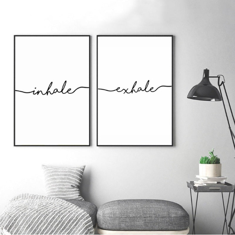 Minimalist Black White Exhale Inhale Letters - Canvas Wall Art Painting | Bowlift