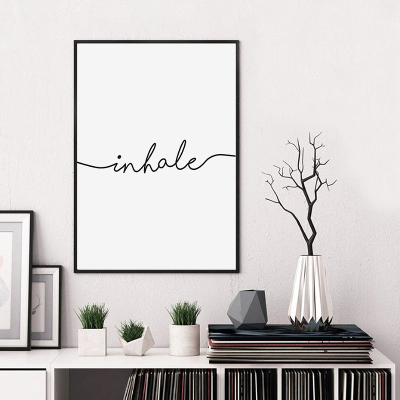 Minimalist Black White Exhale Inhale Letters - Canvas Wall Art Painting | Bowlift