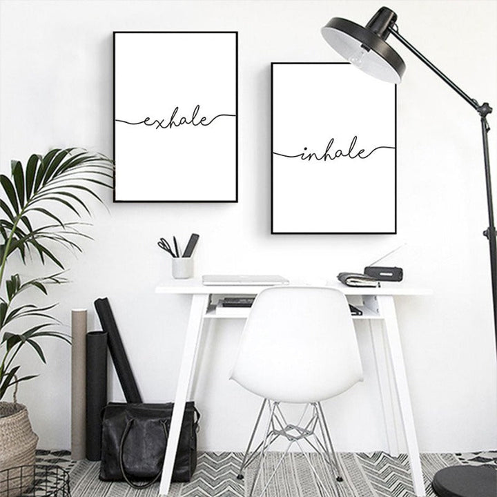 Minimalist Black White Exhale Inhale Letters - Canvas Wall Art Painting | Bowlift