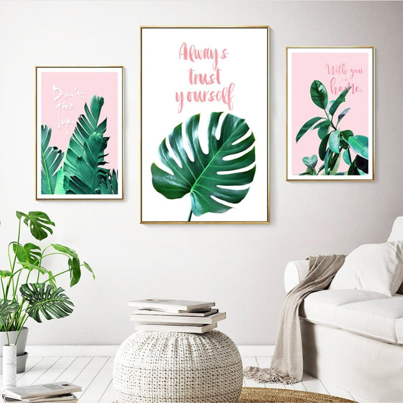 Pink Background Green Tropical Leaves - Canvas Wall Art Painting | Bowlift