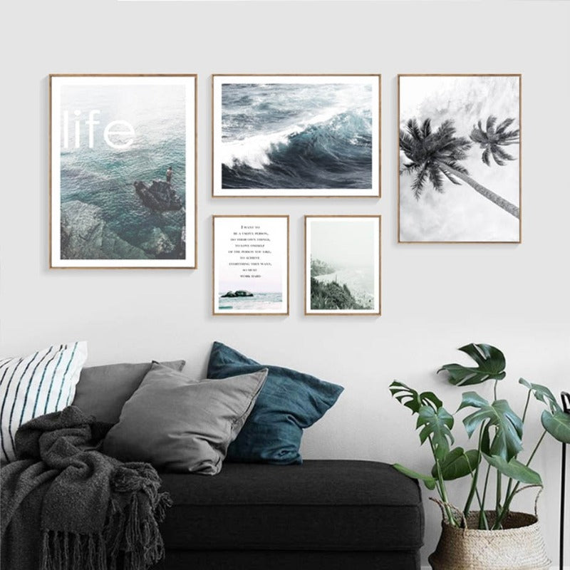 Modern Wave Coastal Palm Tree Seascape - Canvas Wall Art Painting | Bowlift