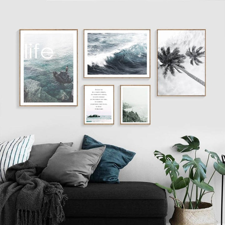 Modern Wave Coastal Palm Tree Seascape - Canvas Wall Art Painting | Bowlift