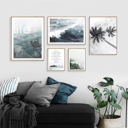 Modern Wave Coastal Palm Tree Seascape - Canvas Wall Art Painting | Bowlift