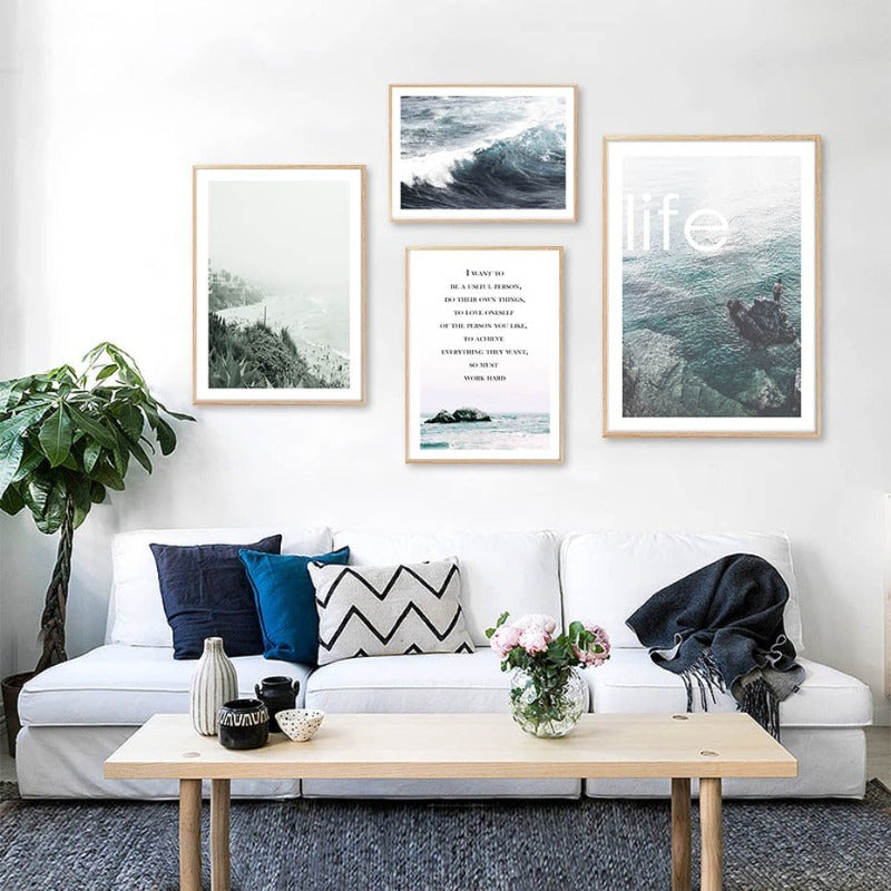 Modern Wave Coastal Palm Tree Seascape - Canvas Wall Art Painting | Bowlift