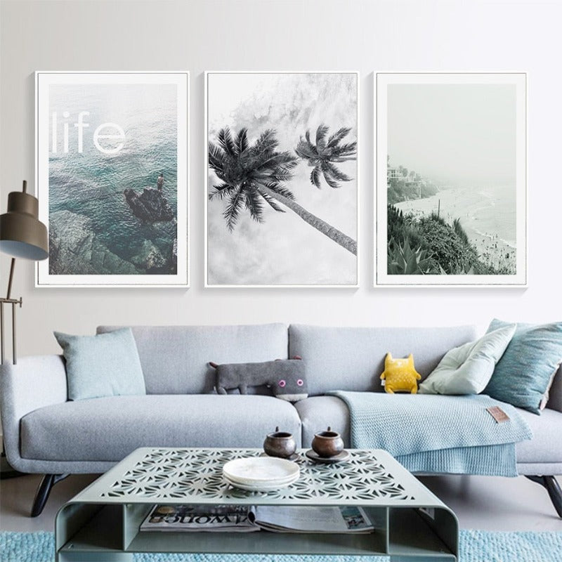 Modern Wave Coastal Palm Tree Seascape - Canvas Wall Art Painting | Bowlift
