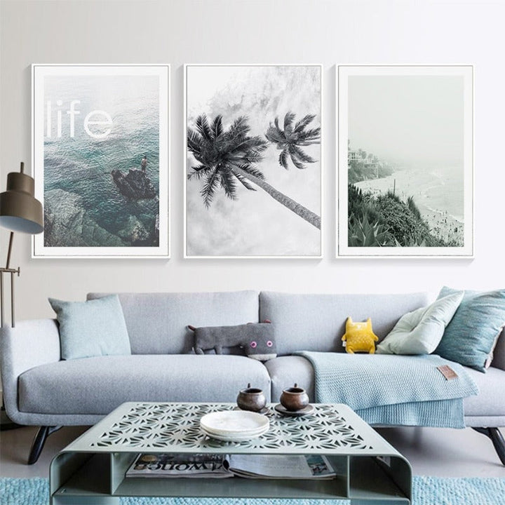 Modern Wave Coastal Palm Tree Seascape - Canvas Wall Art Painting | Bowlift