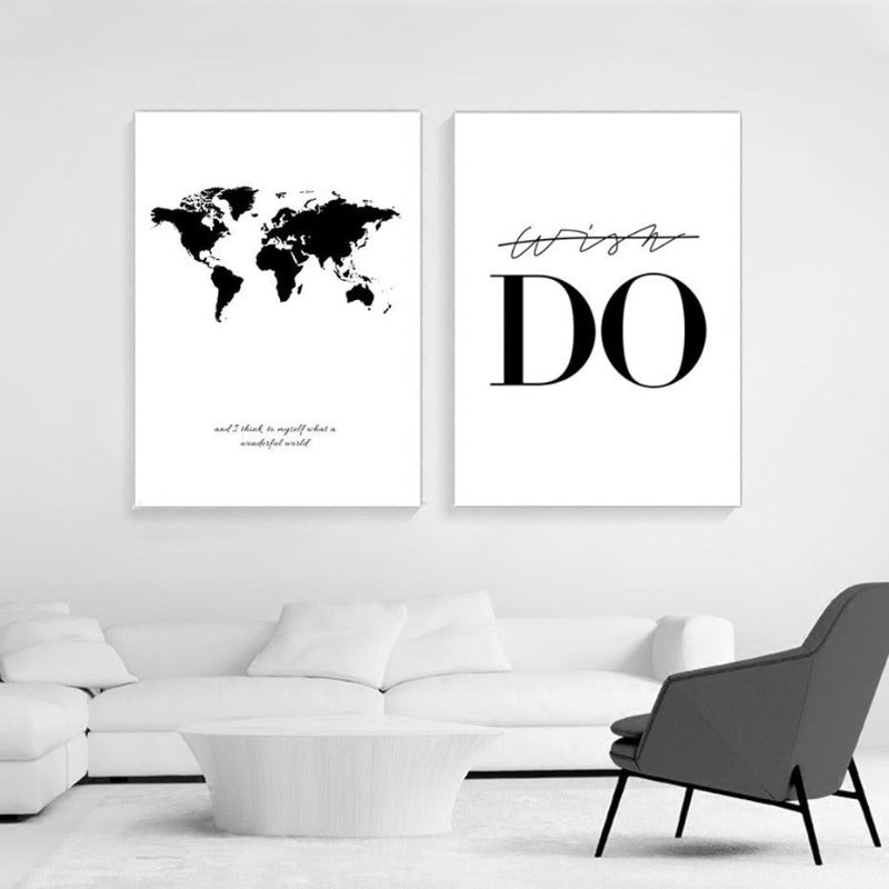Black White World Map - Canvas Wall Art Painting | Bowlift