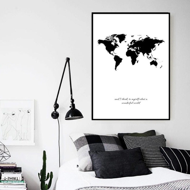 Black White World Map - Canvas Wall Art Painting | Bowlift