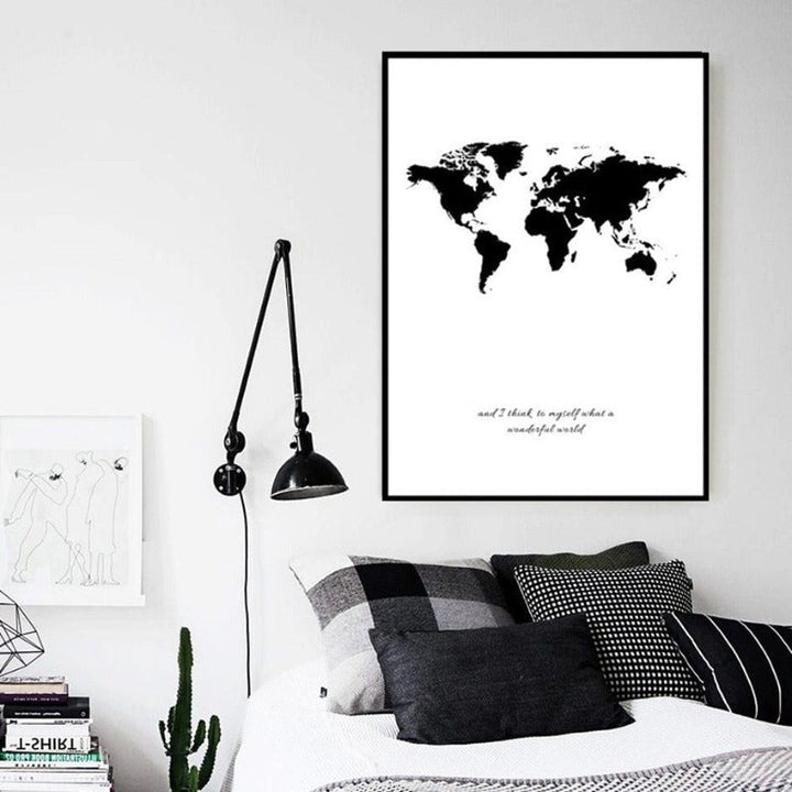 Black White World Map - Canvas Wall Art Painting | Bowlift