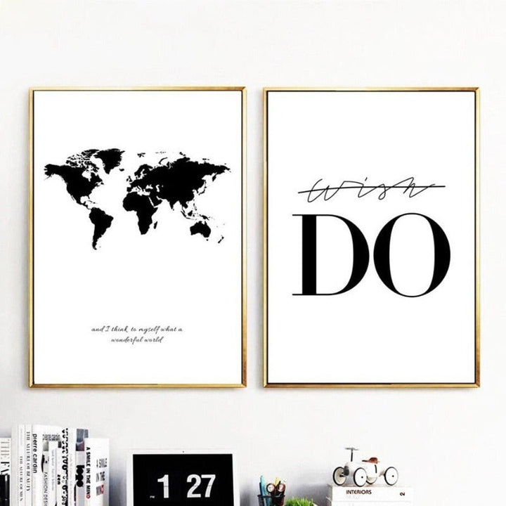 Black White World Map - Canvas Wall Art Painting | Bowlift