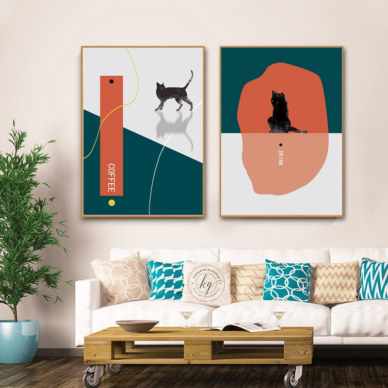 Cat Drink Coffee-Canvas Wall Art Painting | Bowlift