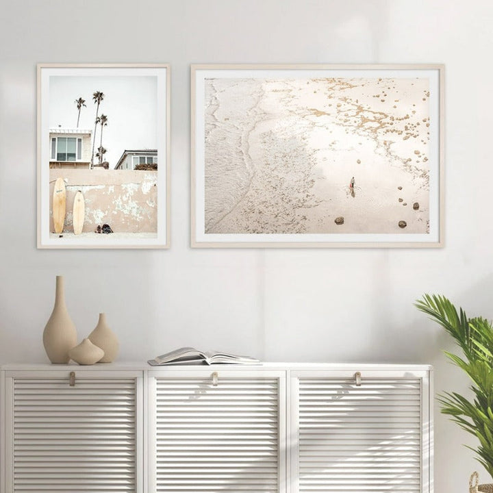 Neutral Brown Tones Surfboard Coastal Beach - Canvas Wall Art Painting | Bowlift