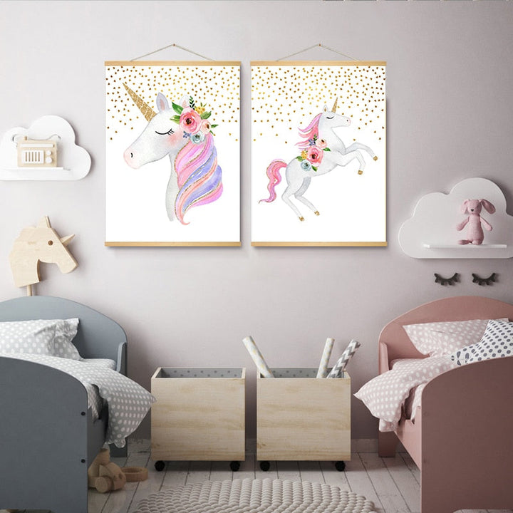 Modern Cartoon Pink Unicorn - Canvas Wall Art Painting | Bowlift