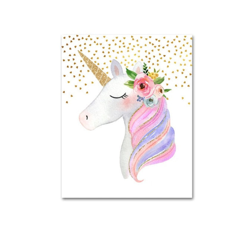 Modern Cartoon Pink Unicorn - Canvas Wall Art Painting | Bowlift