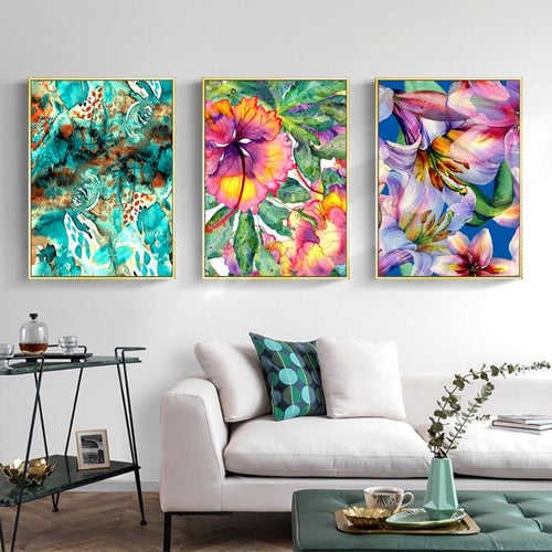 Blue Pink Floral - Canvas Wall Art Painting | Bowlift
