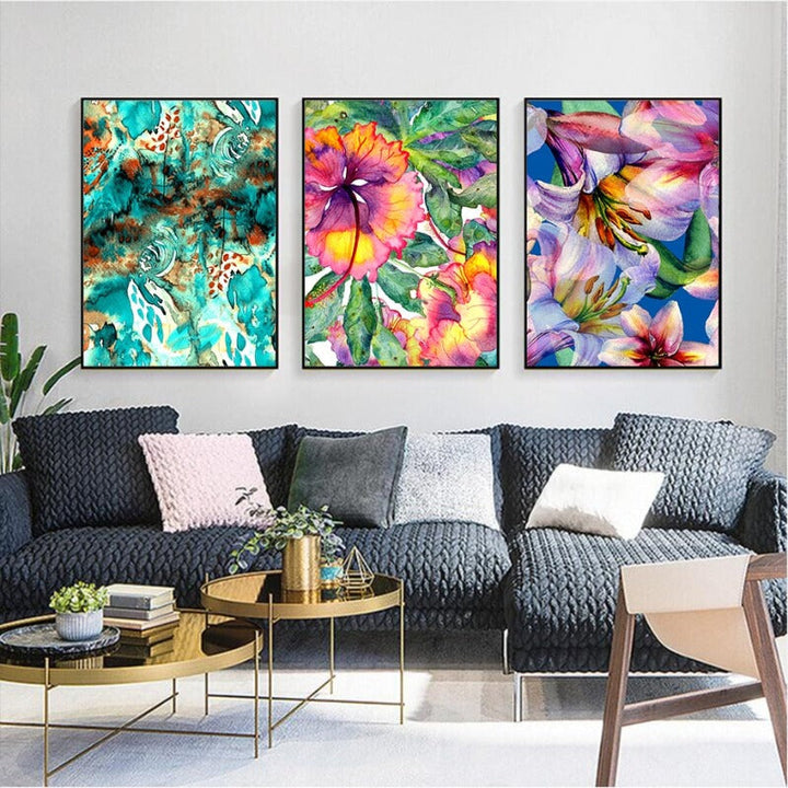 Blue Pink Floral - Canvas Wall Art Painting | Bowlift