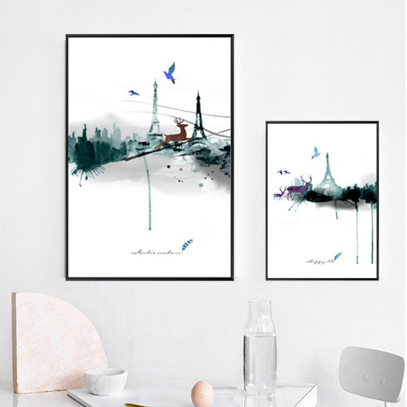 Abstract Paris Eiffel Tower Deer - Canvas Wall Art Painting | Bowlift