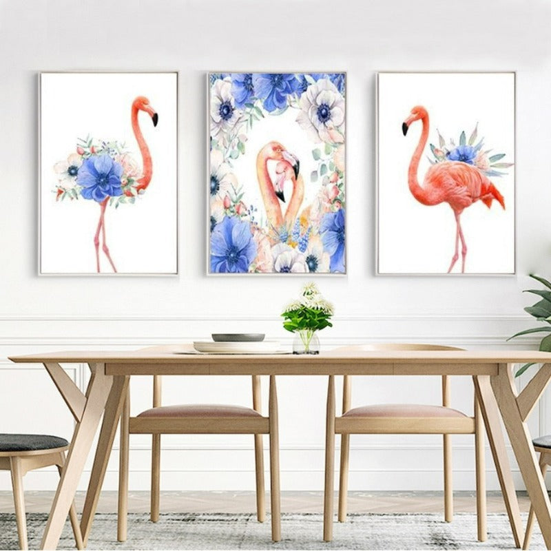 Nordic Animals Flamingo Purple Flower - Canvas Wall Art Painting | Bowlift