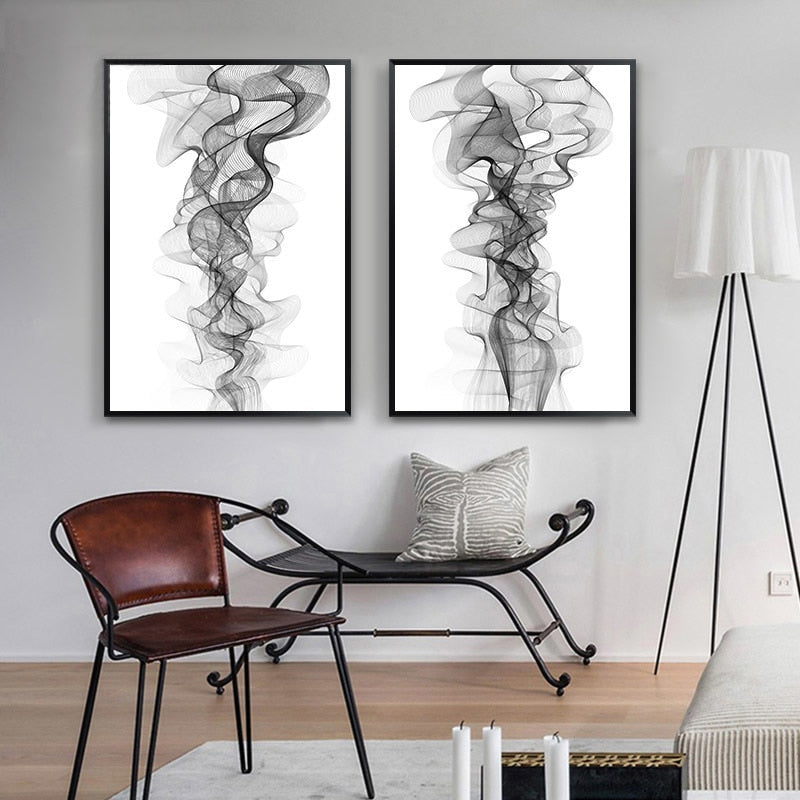 Minimalist Abstract Wavy Lines Pattern Black White - Canvas Wall Art Painting | Bowlift