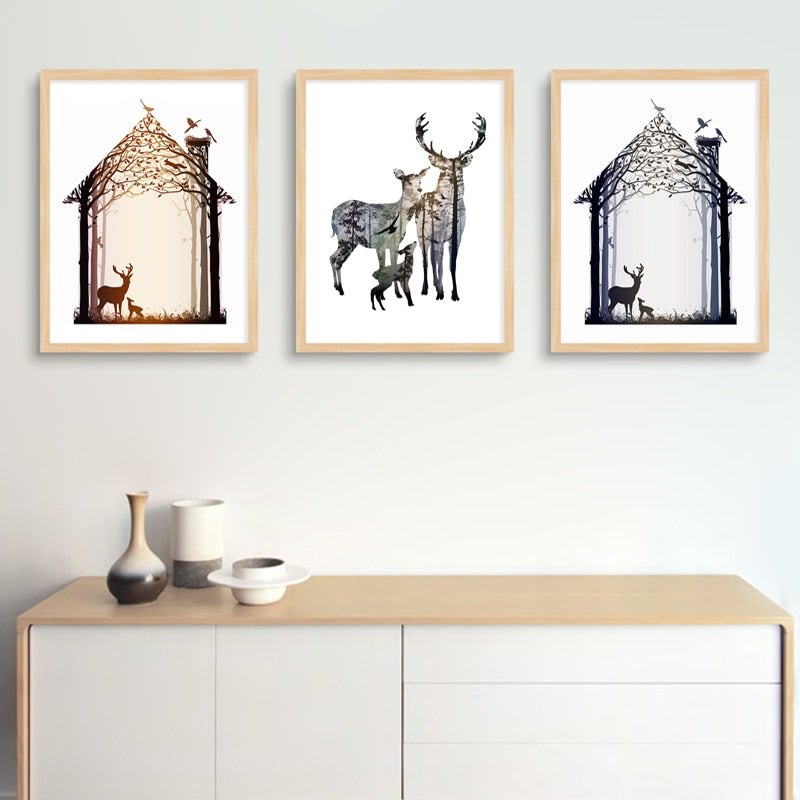 Abstract Deer Family Animals - Canvas Wall Art Painting | Bowlift