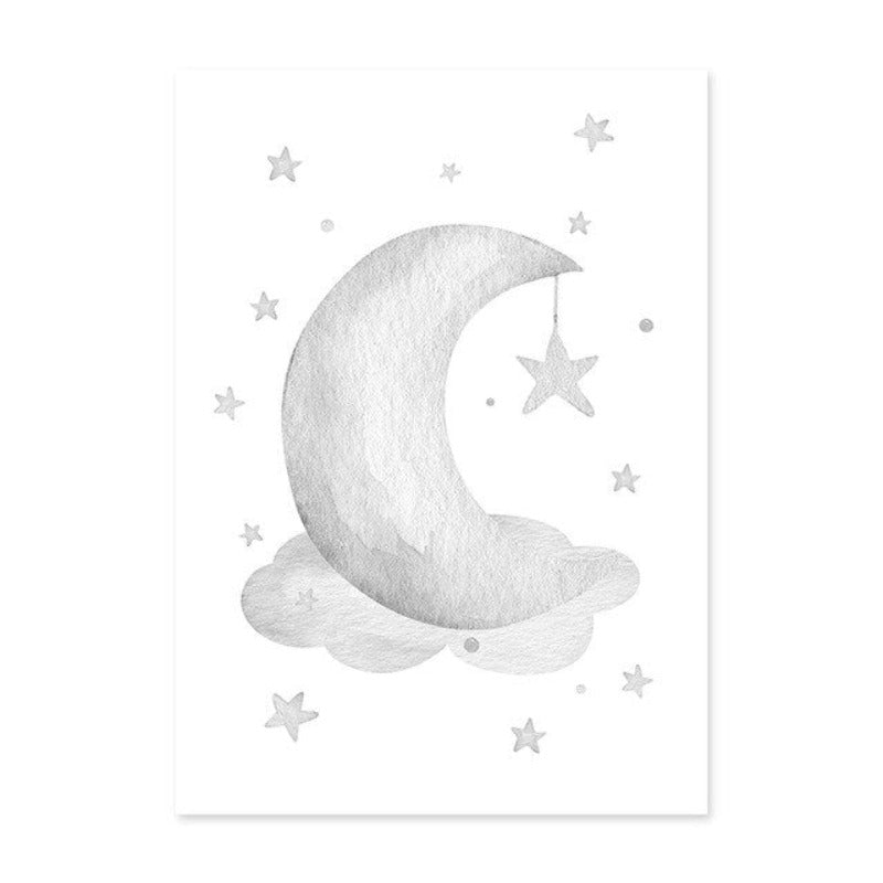 Grey Moon Stars Cloud Nursery - Canvas Wall Art Painting | Bowlift