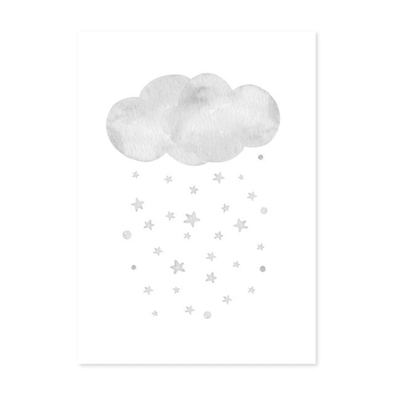 Grey Moon Stars Cloud Nursery - Canvas Wall Art Painting | Bowlift