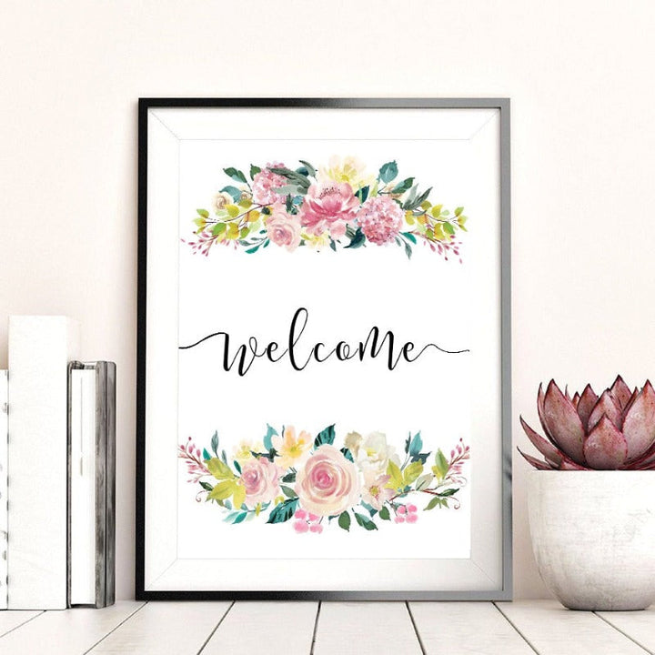 Floral Welcome Sign Poster - Canvas Wall Art Painting | Bowlift
