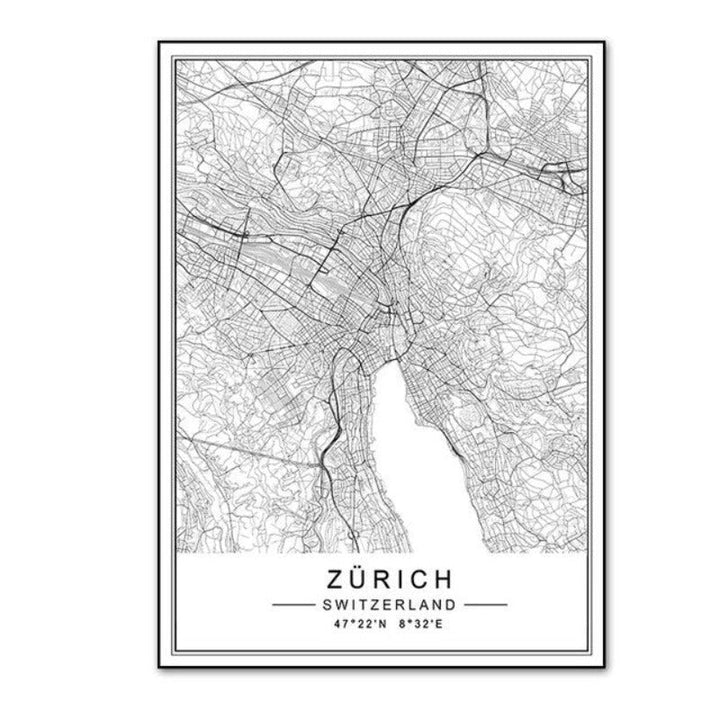 Minimalist City LISBON ZURICH Map Travel - Canvas Wall Art Painting | Bowlift